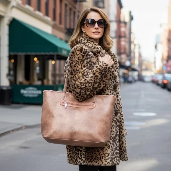 Chico's Marbled Faux Leather Large Tote Bag Blush Tan Brown Metal Chain Trim NEW - Picture 2 of 15